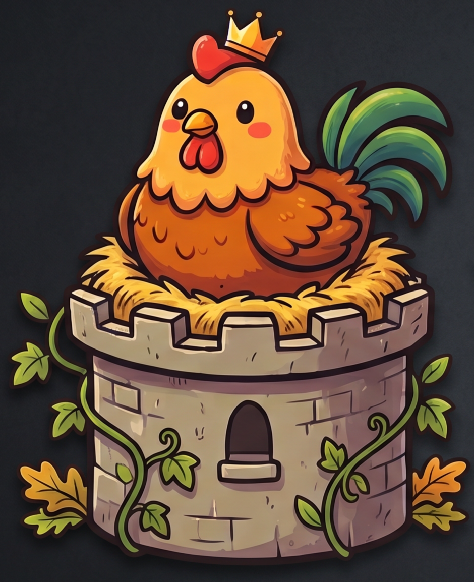 The RealmRoost hen nesting on a castle turret